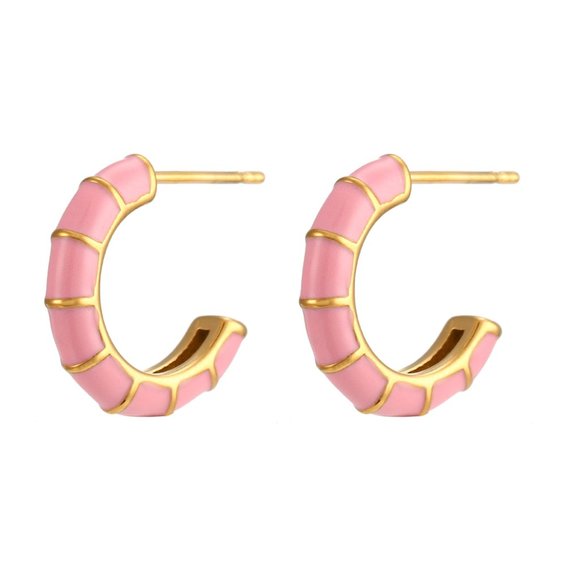 Lemonlimeblue Jewelry - Light Pink Enamel Bamboo C Shape Hoop Huggie Earrings 18K Gold Plated